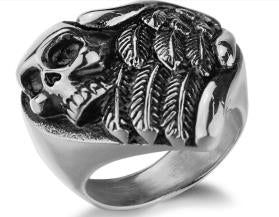 R196 Stainless Steel Feather Wings Skull Biker Ring (size: Size 9)